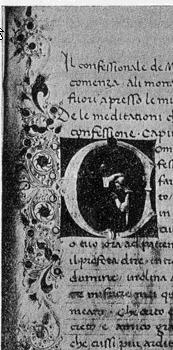 From a Polismagna manuscript, the miniature shows a kneeling Michele Savonarola